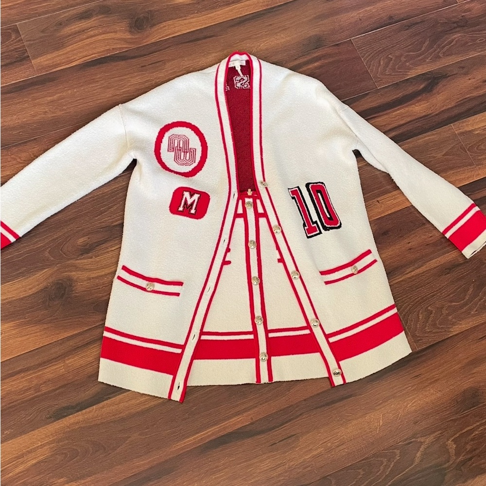 Maje Red and White Knit Cardigan and skirt top size 3, skirt size 36 - Picture 2 of 10